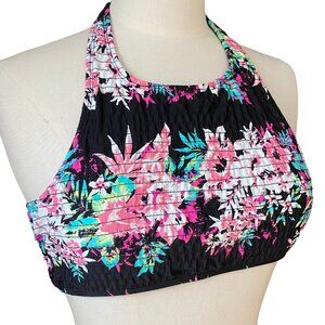 Ambrielle Smocked Floral Halter Bikini Swim Top Dark Fairy Beach Vacation Sz L